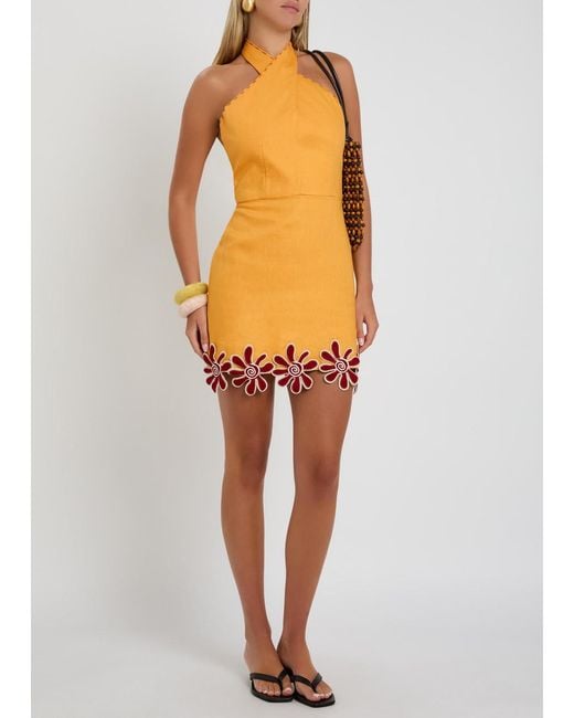 Cala De La Cruz Orange Veneta Floral-Appliquéd Linen Mini Dress
