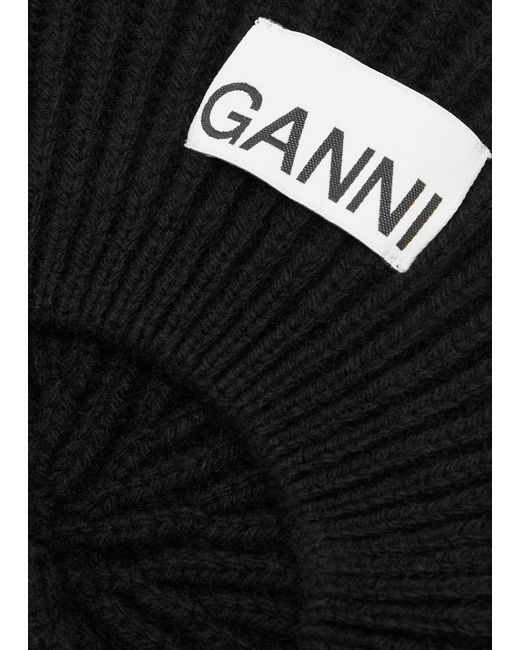 Ganni Black Ribbed Wool-blend Beret