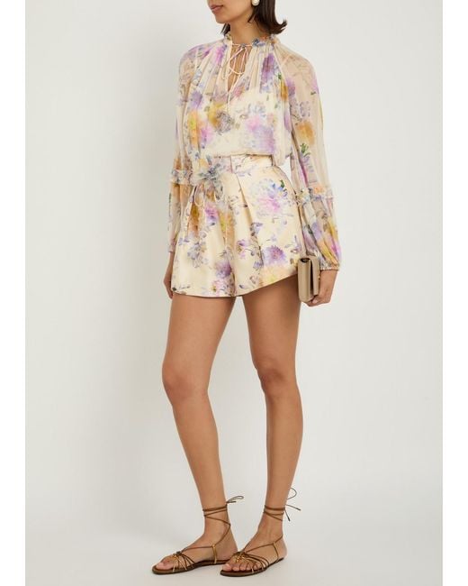 Zimmermann Natural Luna Floral Belted Silk-Blend Shorts