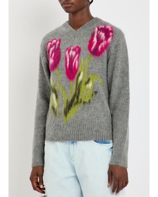 Maison Margiela Gray Floral-Intarsia Brushed Wool-Blend Jumper