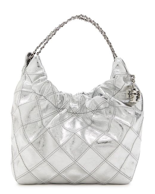 Tory Burch Gray Fleming Mini Metallic Leather Hobo Bag