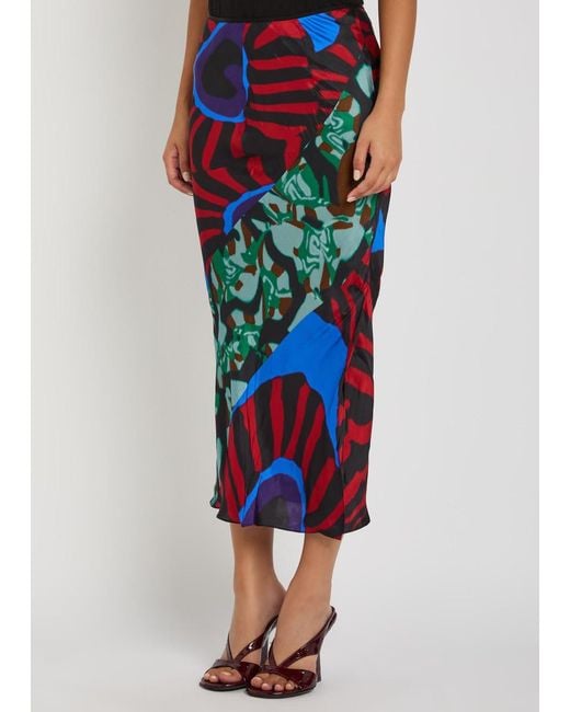 Dries Van Noten Blue Sati Printed Satin Midi Skirt