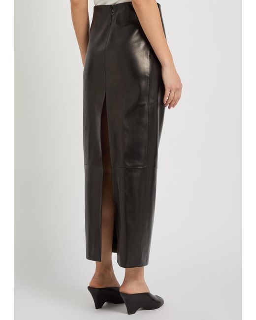 Khaite Black Lyle Leather Midi Pencil Skirt