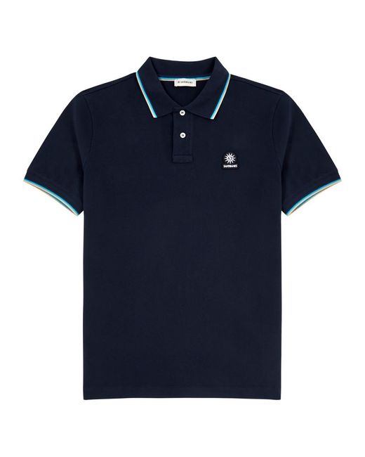Sandbanks Blue Stripe-Trimmed Logo Piqué Cotton Polo Shirt for men