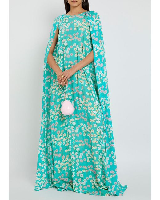 BERNADETTE Blue Minnie Draped Chiffon Print Gown