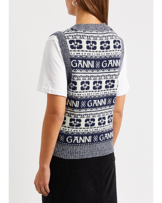 Ganni Blue Logo-intarsia Wool-blend Vest