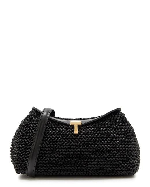 Totême Black T-Lock Woven Leather Clutch