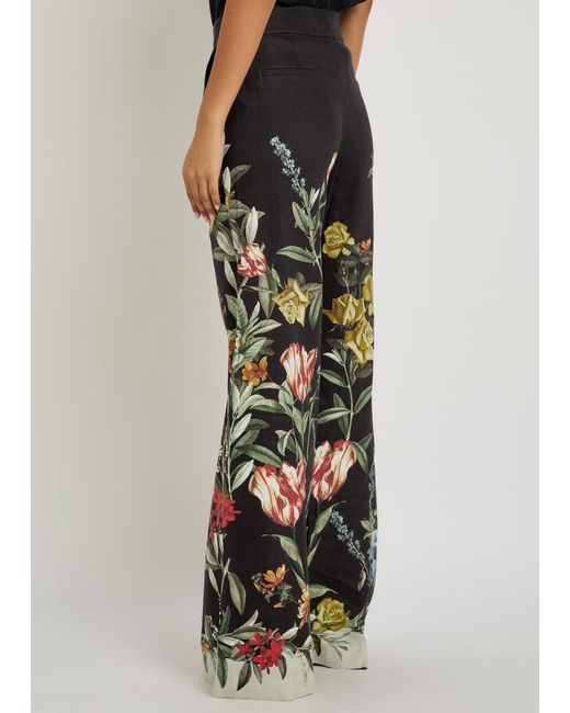 Alice + Olivia Black Dylan Floral-Print Wide-Leg Trousers