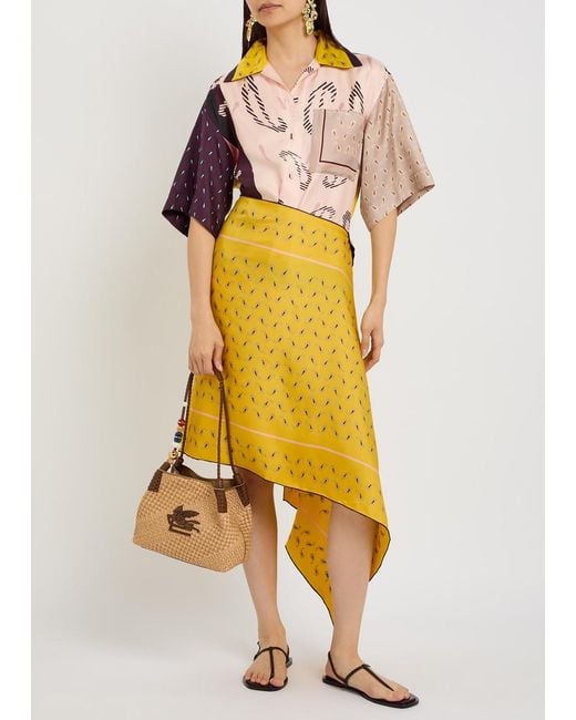 Otzio Yellow Margot Printed Asymmetric Silk Midi Skirt