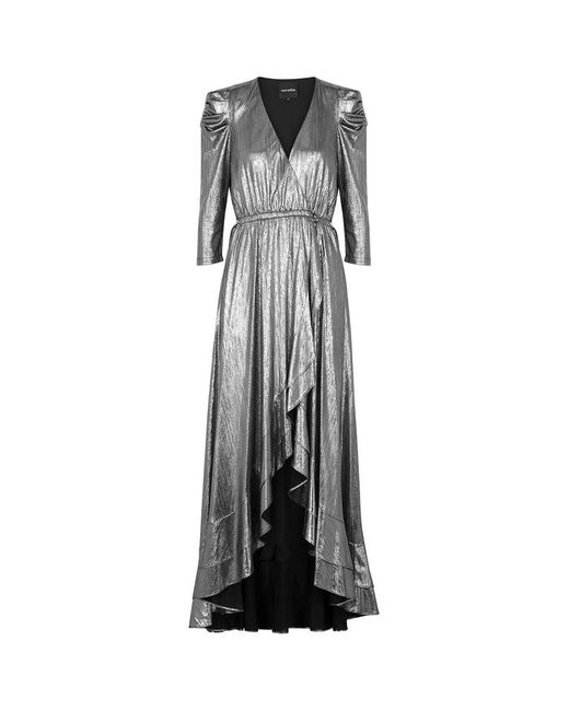 retroféte Metallic Flora Silver Lamé Wrap Dress