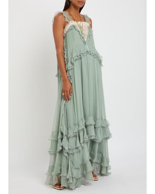 Chloé Green Ruffled Silk-Georgette Maxi Dress