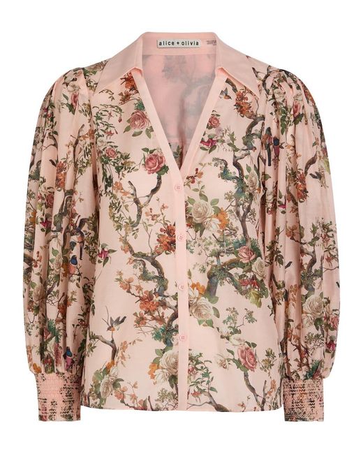 Alice + Olivia Pink Charis Floral-Print Cotton-Blend Blouse
