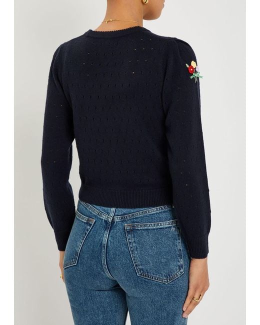 Rixo Blue Merinda Floral-Appliquéd Wool Cardigan