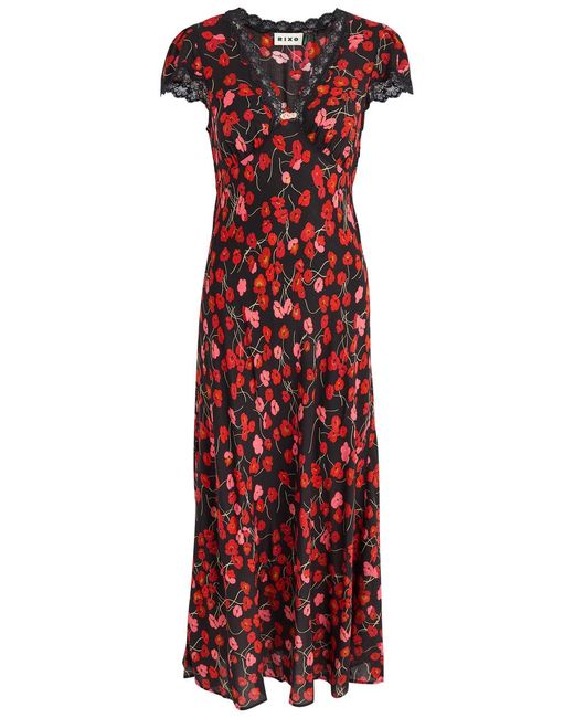 Rixo Red Clarice Floral-Print Lace-Trimmed Midi Dress