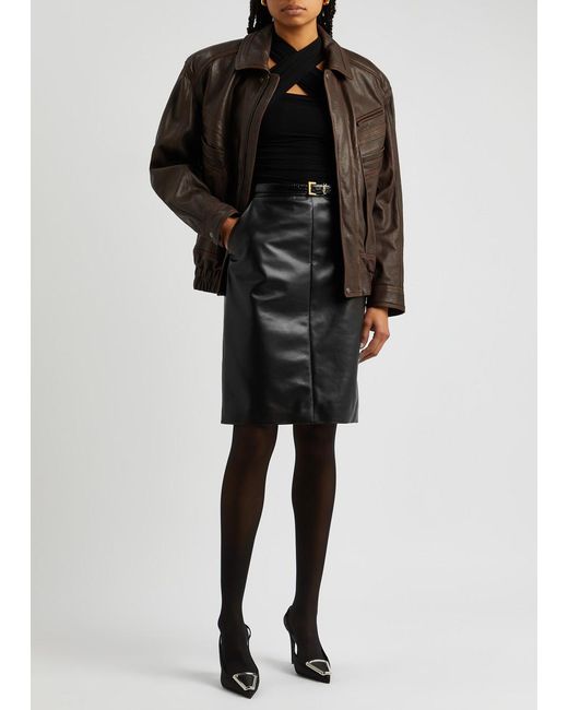 Saint Laurent Black Leather Midi Skirt