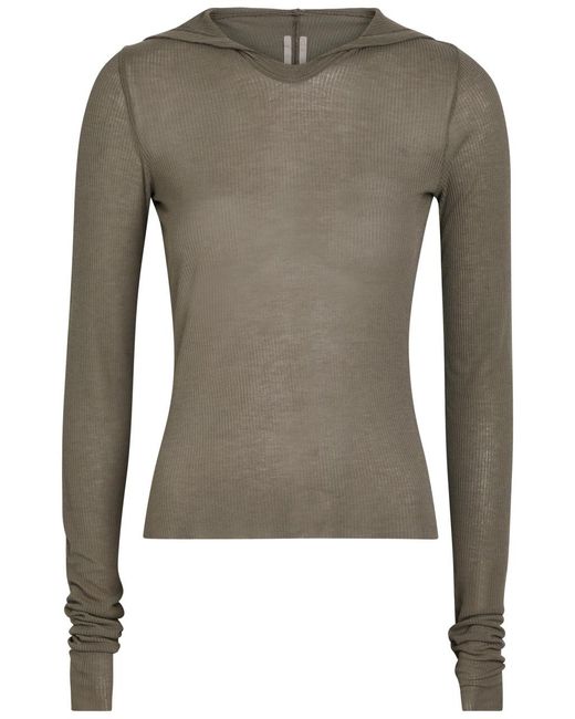 Rick Owens Gray Hooded Ribbed Fine-Knit Top