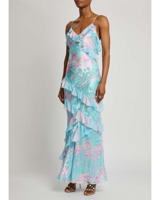 LoveShackFancy Blue Rialto Floral Satin-Devoré Maxi Dress