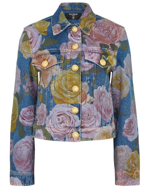 Balmain Blue Floral-Print Denim Jacket