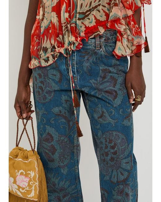 Etro Blue Floral-Print Straight-Leg Denim Jeans
