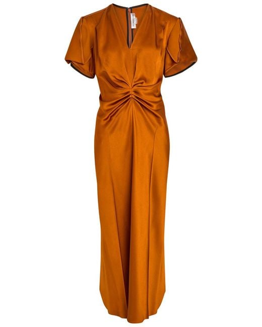 Victoria Beckham Orange Eve Gathered Satin Midi Dress