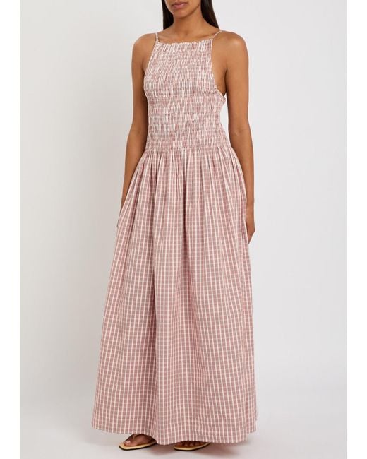 Faithfull The Brand Pink Laia Checked Shirred Cotton Maxi Dress