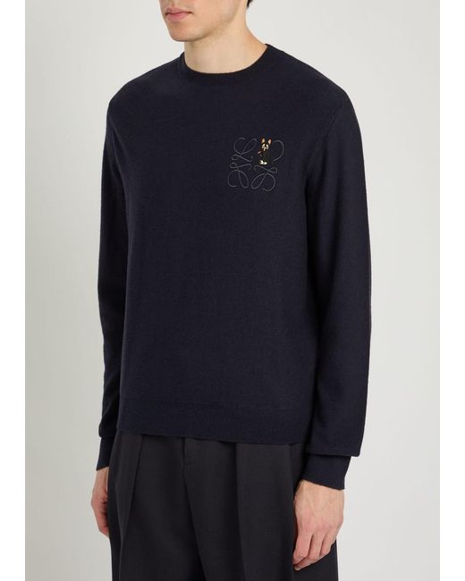 Loewe Blue Logo-Embroidered Wool-Blend Jumper for men