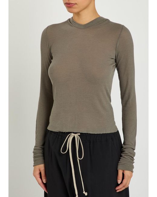 Rick Owens Gray Hooded Ribbed Fine-Knit Top