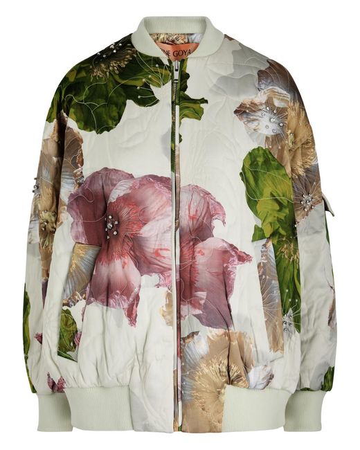 Stine Goya Green Norea Floral-Print Satin Bomber Jacket