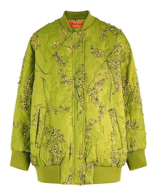 Stine Goya Green Floral-Print Embellished Satin Bomber Jacket
