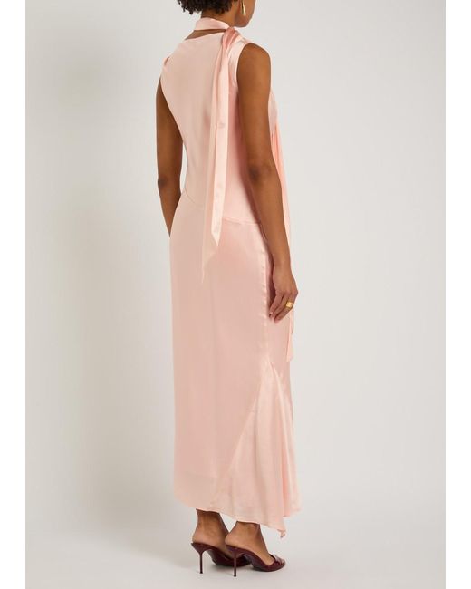 De La Vali Pink Thebe Scarf-Effect Draped Silk-Satin Midi Slip Dress