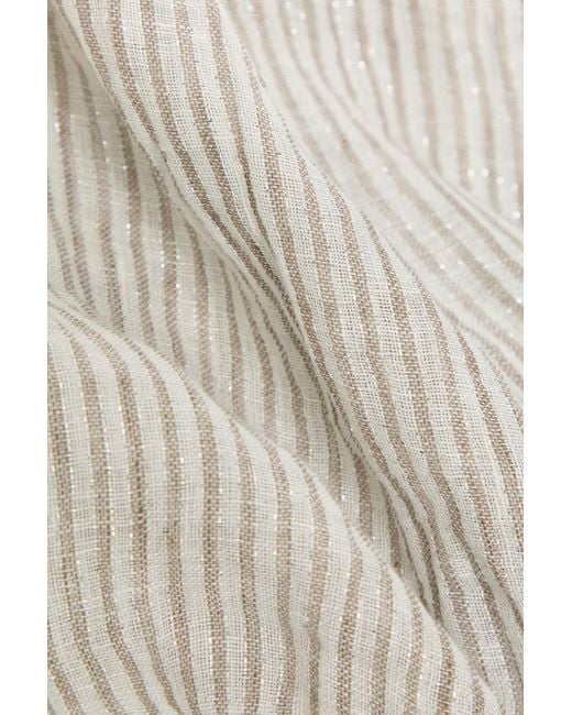 Brunello Cucinelli White Striped Metallic Linen-Blend Scarf