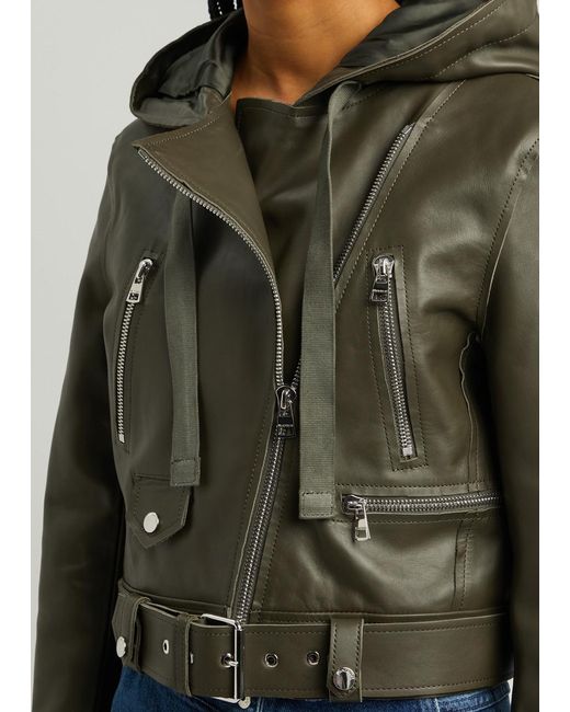 J.W. Anderson Green Hooded Leather Biker Jacket