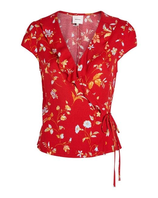 Reformation Red Clemence Floral-Print Crepe Wrap Top