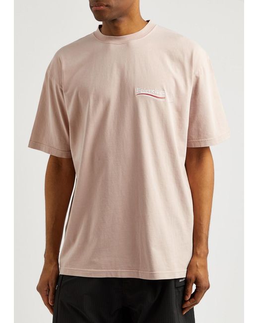 Balenciaga Pink Political Logo-Embroidered Cotton T-Shirt for men