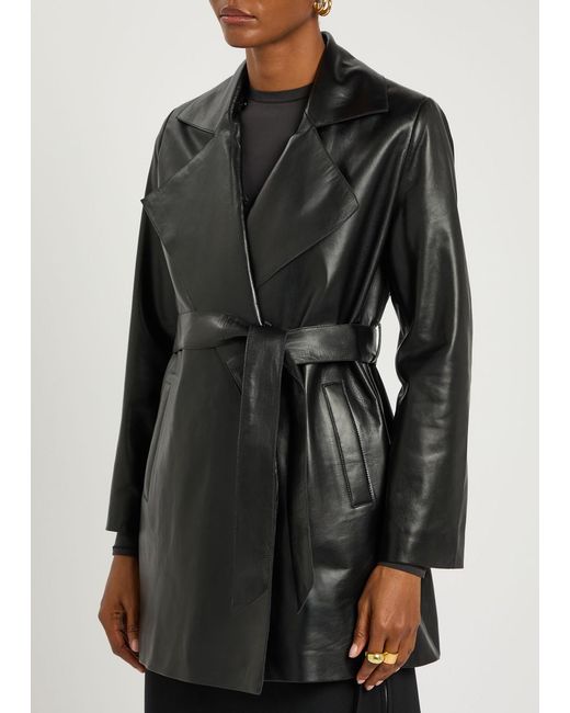 Nour Hammour Black Kelsey Fur-Trimmed Belted Leather Jacket