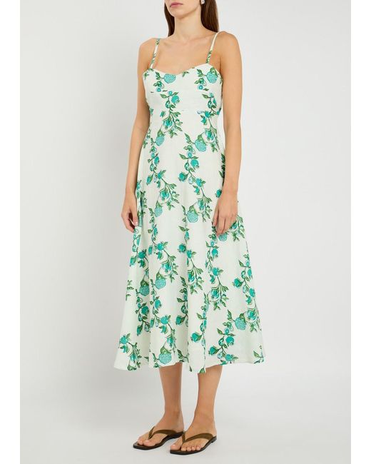 Hannah Artwear Green Elena Printed Linen Midi Dress