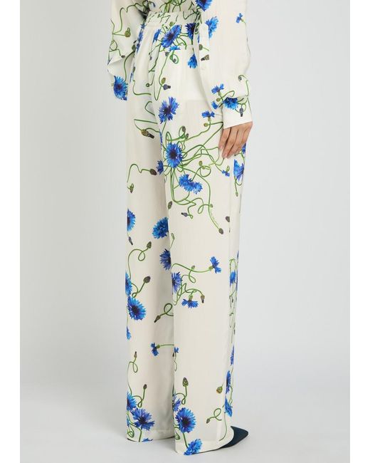 Stella McCartney White Floral Print Straight-Leg Textured Satin Trousers