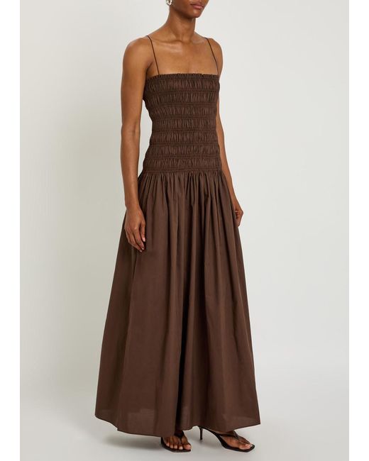 Matteau Brown Shirred Cotton-Poplin Maxi Dress