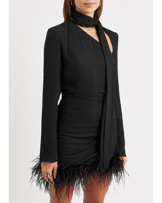 De La Vali Black Avenue Feather-trimmed Ruched Mini Dress