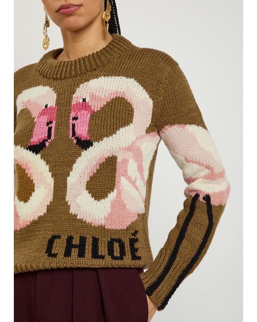 Chloé Multicolor Flamingo And Logo-Intarsia Wool Jumper
