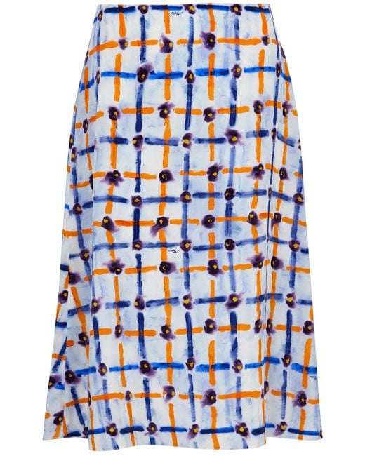 Marni Blue Checked Silk-satin Midi Skirt