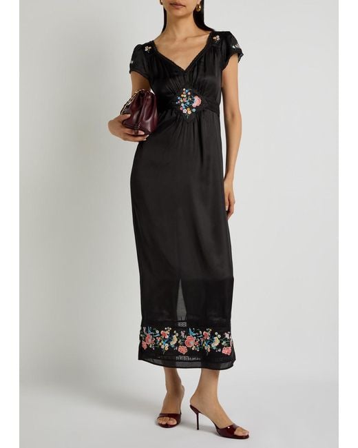 Rixo Black Carey Embroidered Satin Midi Dress