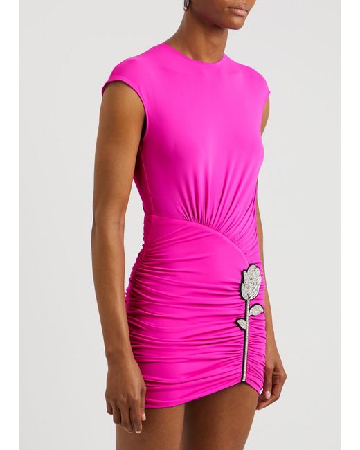 David Koma Pink Rose-Embellished Stretch-Jersey Mini Dress