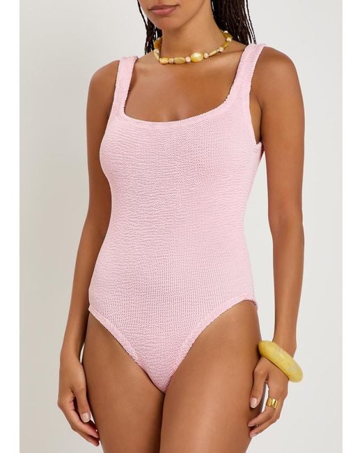 Hunza G Pink Square-Neck Crinkle Swimsuit
