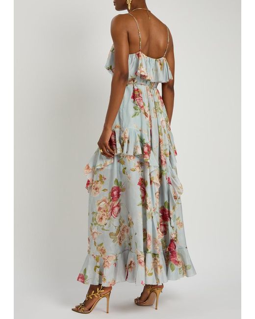 Zimmermann Blue Roselight Floral-Print Ruffled Silk Maxi Dress