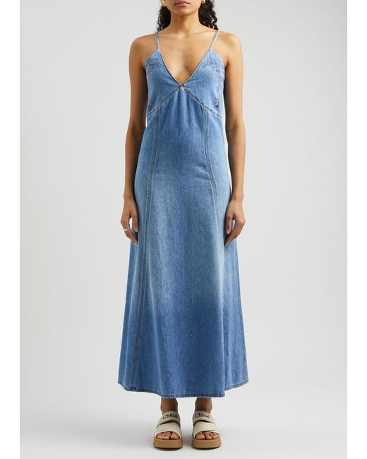 Chloé Blue Embroidered Cut-Out Maxi Dress