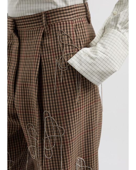 Dries Van Noten Brown Embellished Checked Wool Trousers