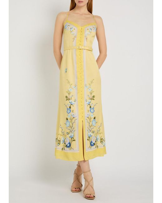 Self-Portrait Yellow Belted Floral Satin Midi Dress