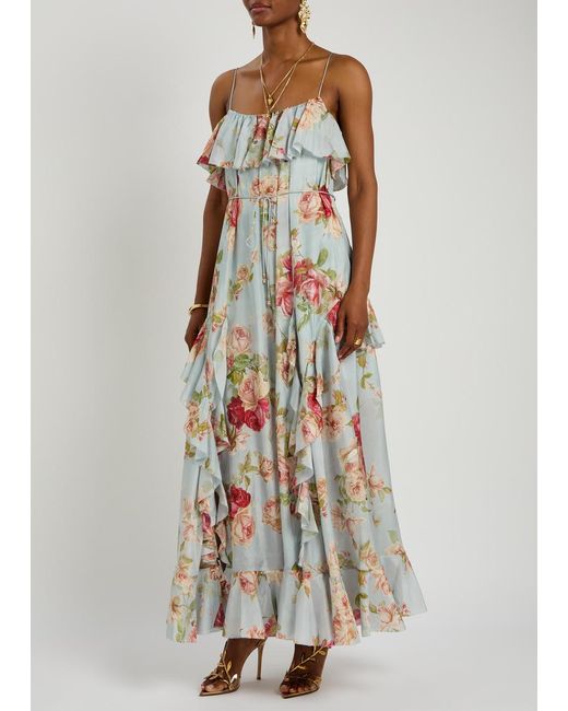 Zimmermann Blue Roselight Floral-Print Ruffled Silk Maxi Dress