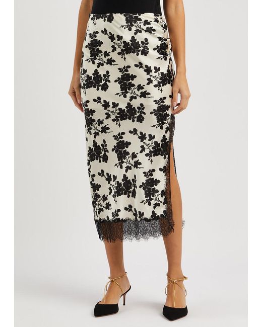 Veronica Beard Black Nasime Floral-print Stretch-silk Midi Skirt